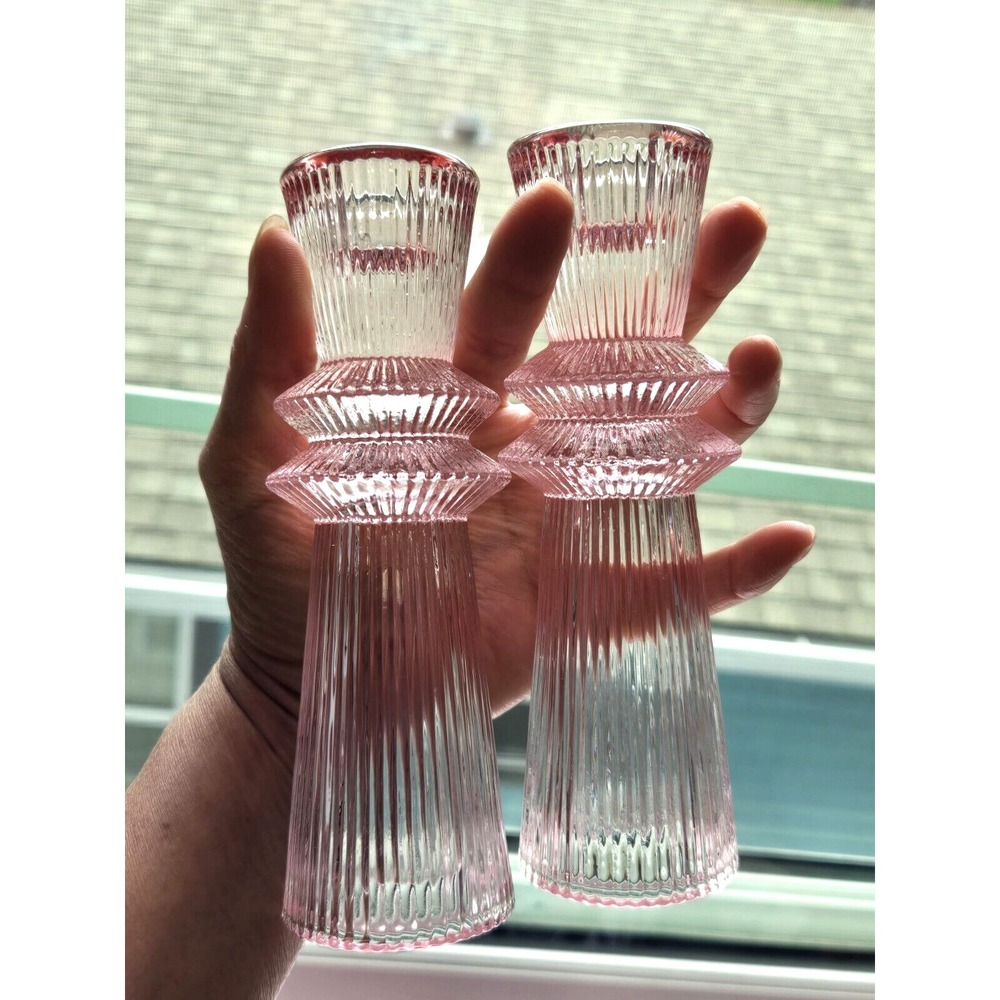 Mikasa Pink Glass‎ Candle Holder Pair Ribbed Column Bud Vases 6.25" MCM Art Deco